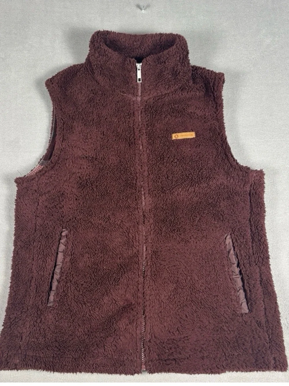 Woman’s Burgundy Plush Fleece Vest with Plaid Lining Small